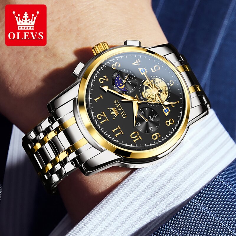 OLEVS-Relógio Quartz Fase da Lua Masculino, Aço Inoxidável, Impermeável, Luminous Luxury Tourbillon Relógios, Marca Moda