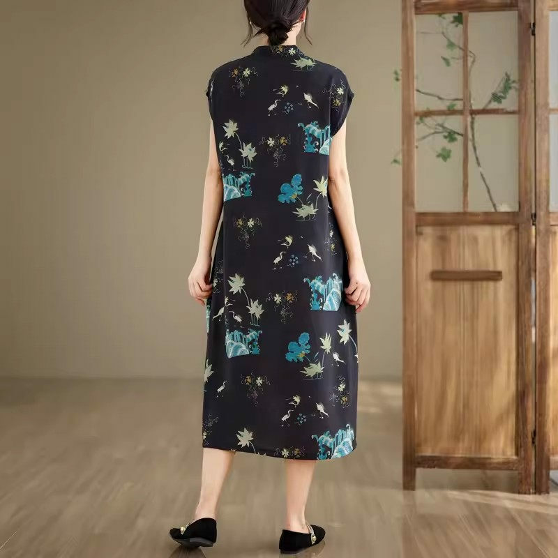 Vestido de lino de seda con hebilla, estilo chino mejorado, sin mangas, longitud media, estampado, Cheongsam Retro, K963, novedad de verano 2024