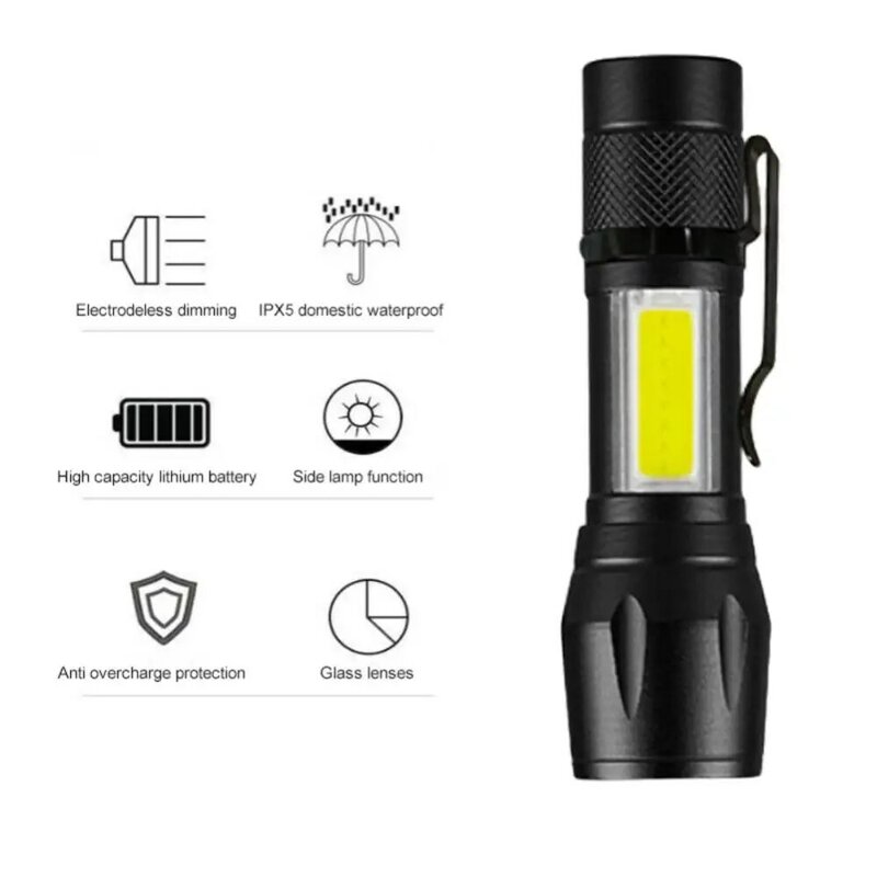 Mini lanterna LED com bateria embutida, lâmpada de foco Zoom, luz de trabalho recarregável, XP-G Q5, 1-4pcs