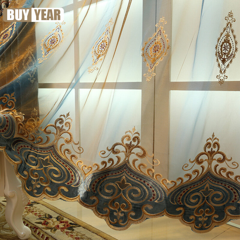 Cortinas bordadas europeas de chenilla de alambre dorado azul europeo, cenefa de tul para sala de Estar, comedor, dormitorio, personalización