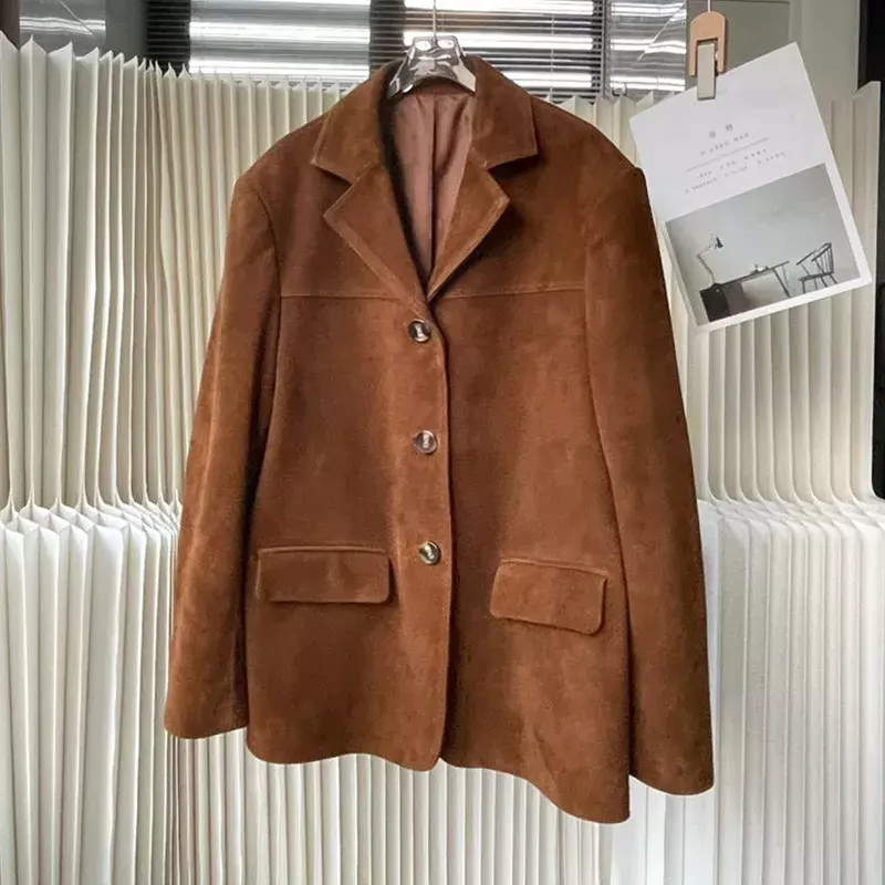 Wysokiej jakości brązowy damski płaszcz z zamszu prawdziwy skórzany strój na guziki wiosenno-jesienny damski modny krótkie cienkie kurtka damska