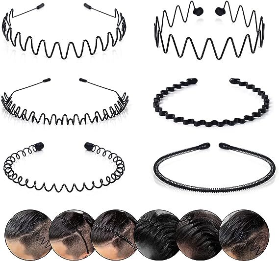 6pcs Fashion Men Black Metal Waved Shaped Sports Hairband Solid Color for Women Unisex Hair Band Adult Headwear for Boy Headband