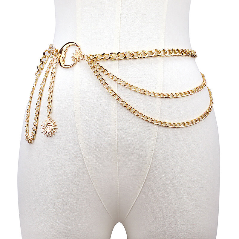 Cadena de Metal multicapa con forma de luna para mujer, cadena de cintura, cinturón para vestido, falda, cinturón con estrella de Luna, ropa dorada y plateada, 1 unidad