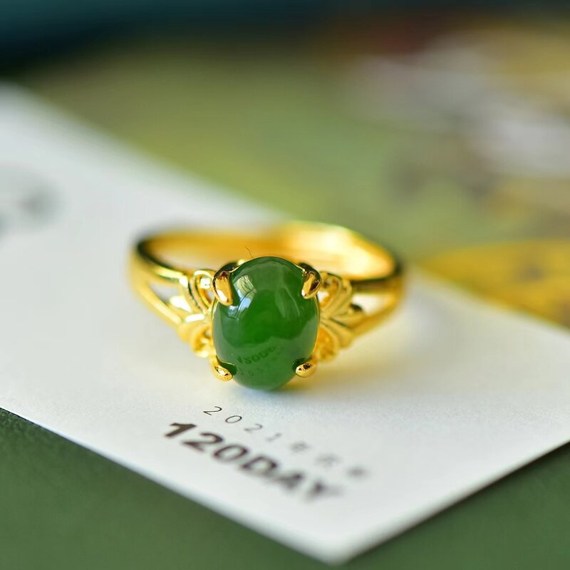 Natural Hetian Jade Ring Copper Inlaid JASPER Rings Luxury Womens Party Wedding Gemstone Jewellery Gifts Stylish Girl Jewelry