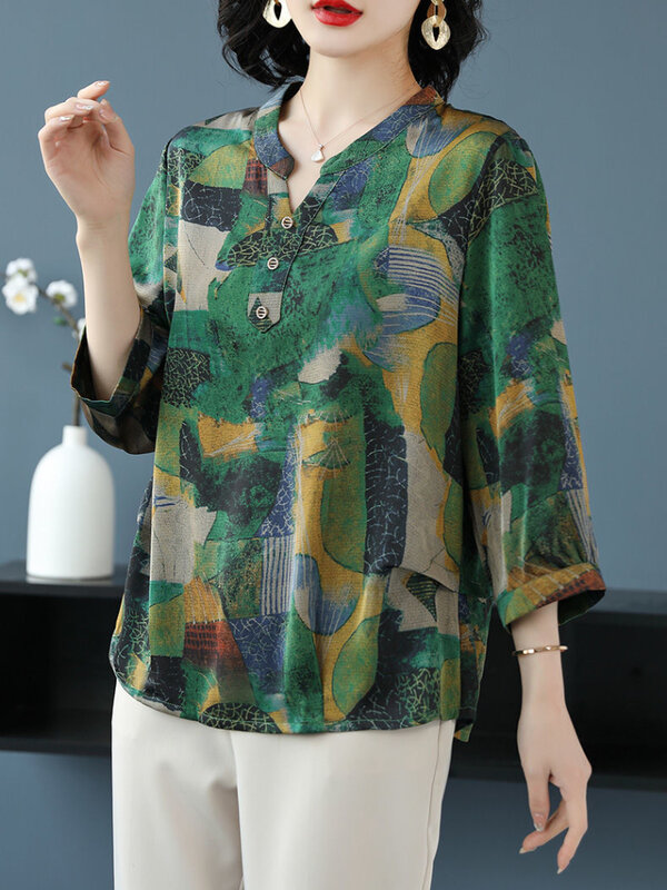 Blusa holgada de Chifón con cuello en V para mujer, camisa informal y elegante, Estilo Vintage, verano, 2024