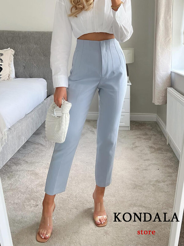KONDALA-Pantalones rectos de cintura alta para mujer, ropa de oficina, azul claro, elegante, Vintage, con cremallera, 2024