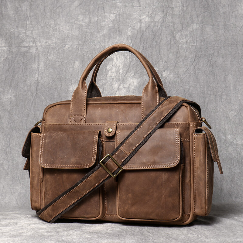 Leathfocus tas tangan kulit pria, tas selempang bahu kasual Vintage 12.8 inci, tas Laptop bisnis