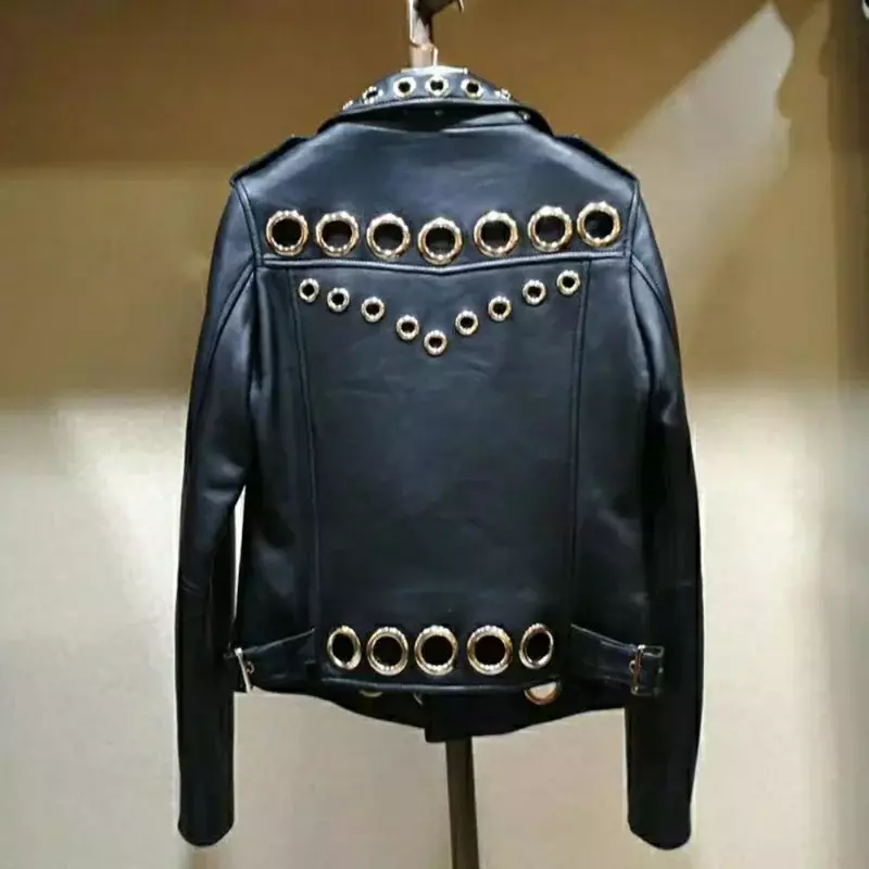 여성용 금속 서클 얇은 PU 가죽 재킷, 짧은 트렌드, 용수철, 올 매치 패션, 2024 신상