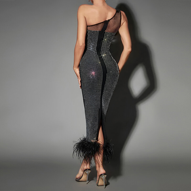 Frauen Mesh Diamant Abendkleider eine Schulter Mode Feder Bandage langes Kleid elegante Damen Party Cocktail Ballkleid hx98