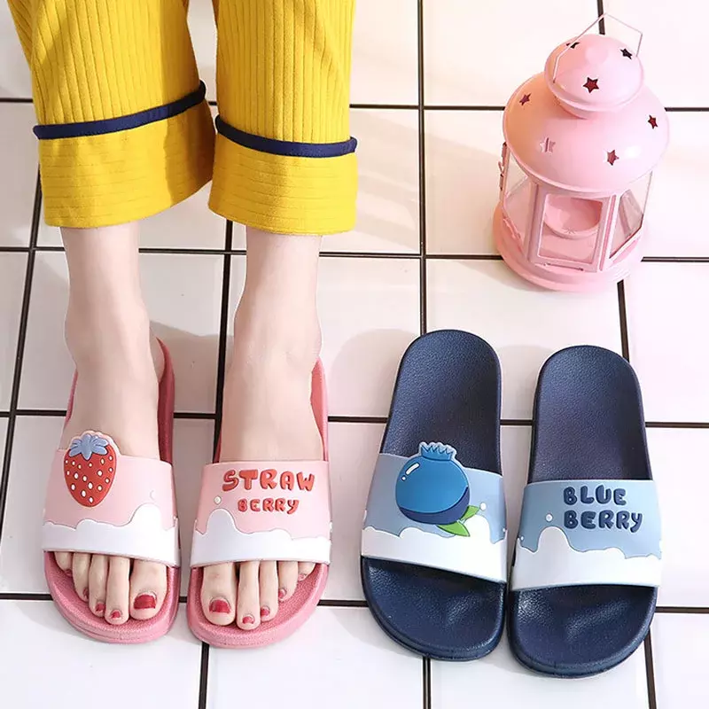 Zapatillas de PVC para mujer, sandalias con dibujos animados de frutas, chanclas informales de verano, playa, baño, antideslizantes, gruesas