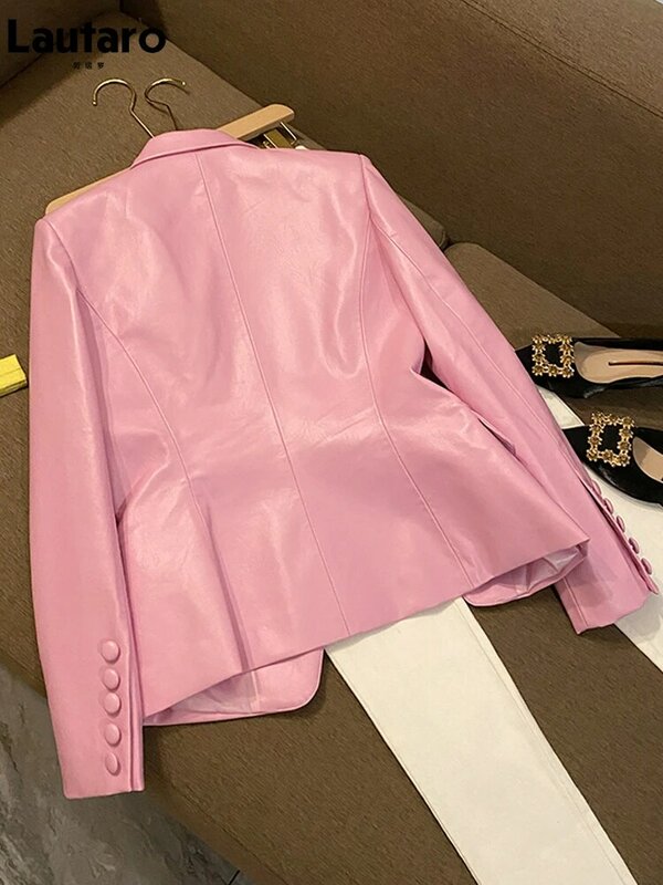 Lautaro-Blazer rosa de couro PU feminino, manga longa, slim fit, jaquetas luxuosas, curtas, elegantes, macias, elegantes, 5XL, primavera, 2022