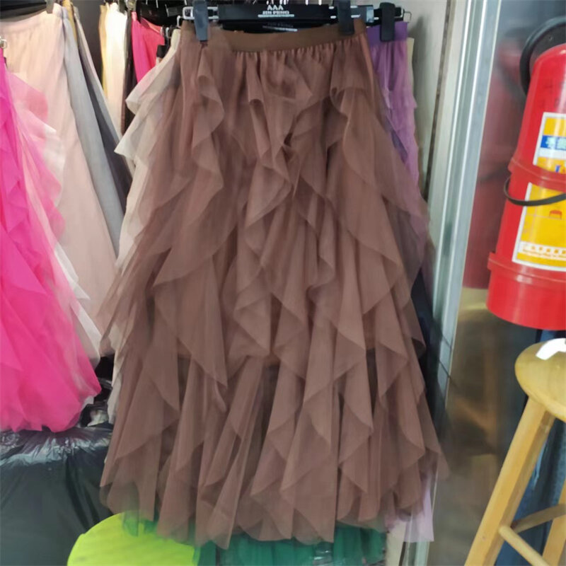 2024 New Women Skirts Summer Chiffon Fashion Patchwork Solid  Mid-Length High Waist Elegant Knitted Tank Korean Party Mesh Skirt