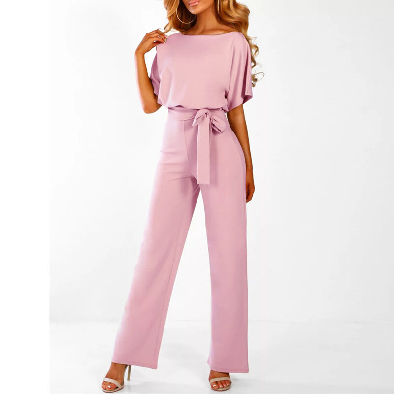 Women's Lace Up Button up Round Neck Short Sleeved Jumpsuit Solid Color Loose Straight Leg Jumpsuits For Women