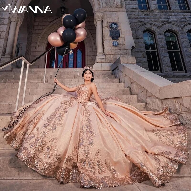 Luksusowe aplikacje z brokatem cekinowa koronka Quinceanrra suknie balowe romantyczny dekolt z dekoltem księżniczka długa słodka sukienka 16 przedsionek