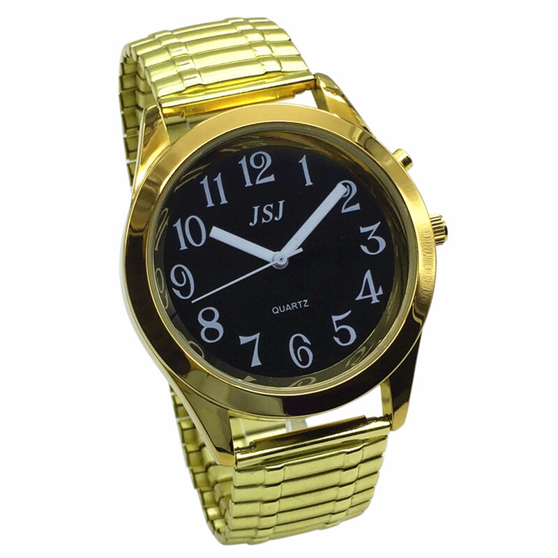 Reloj que habla en inglés con función de alarma, fecha y hora que habla, esfera negra, correa de cuero negro, etiqueta de caja dorada-807