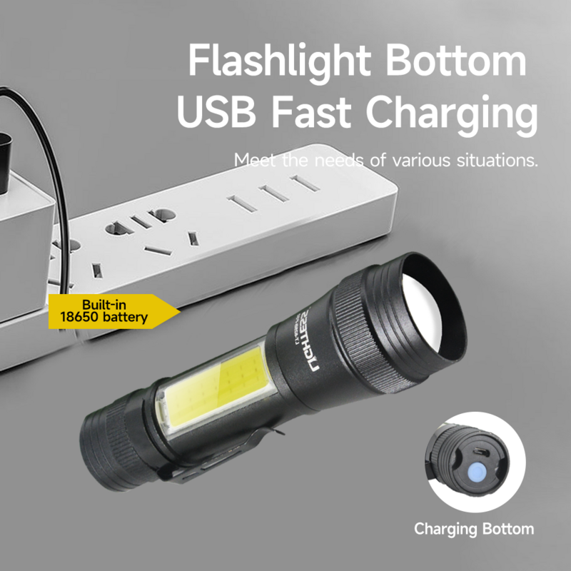 ไฟฉาย LED แบบชาร์จไฟได้ผ่าน USB โคมไฟ P50ทรงลูกปัดไฟข้าง4โหมดไฟฉายกันน้ำสำหรับตั้งแคมป์