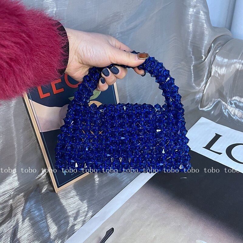 Summer Beaded Transparent Bag Double Pointed Beads Clear Bags for Women Small Clear Purses Handbags Mini Envelope Crossbody Bag