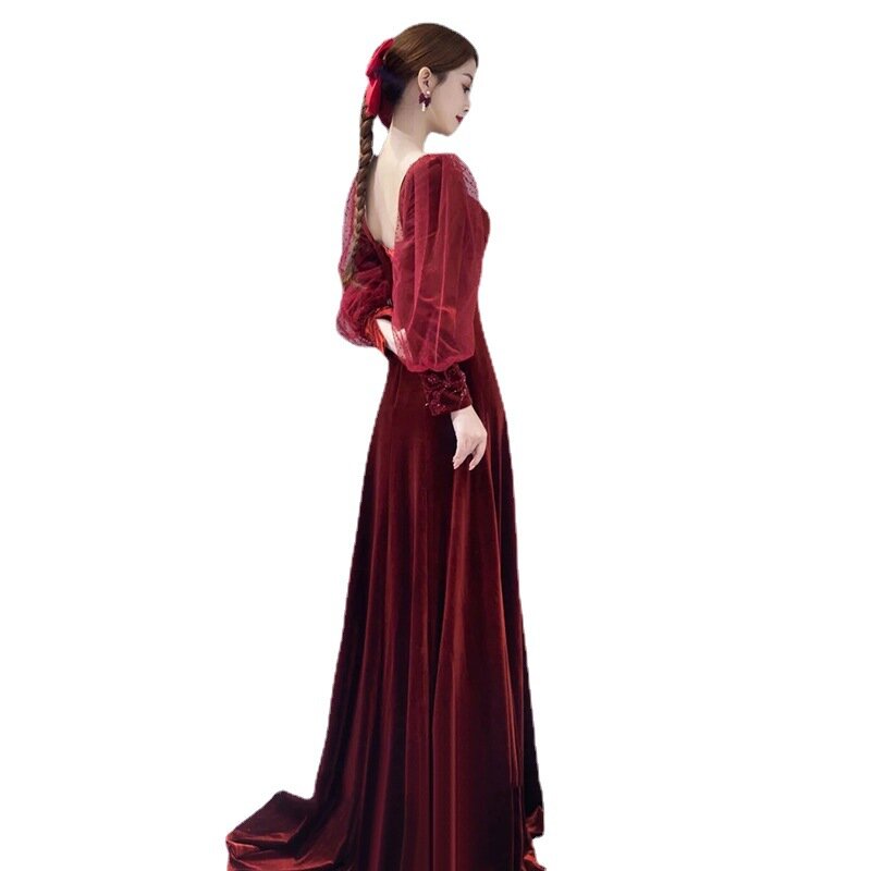 EETSANSFIN Autumn Wine-Red Long Sleeve Dress For Wedding/Engagement/Party