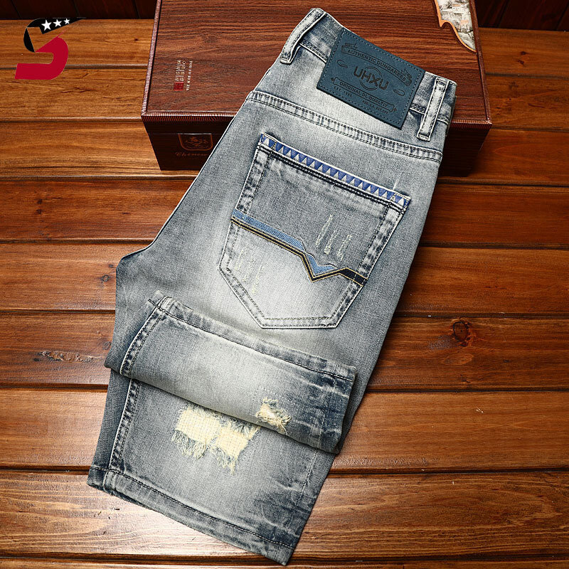 Shorts jeans retrô high-end masculino, marca da moda rasgada de verão, lavada, casual, tendência, estilo coreano, quinta calça