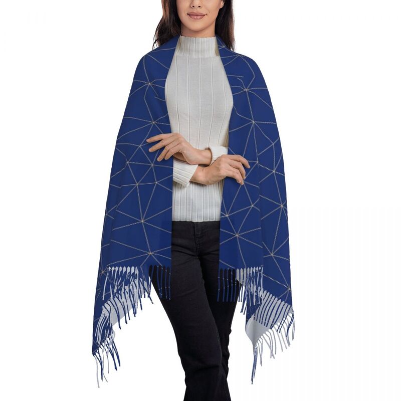 女性のためのgeoプリントスカーフ,タッセル付きスカーフ,暖かいラップ,青い線,養蜂家,冬,y2k