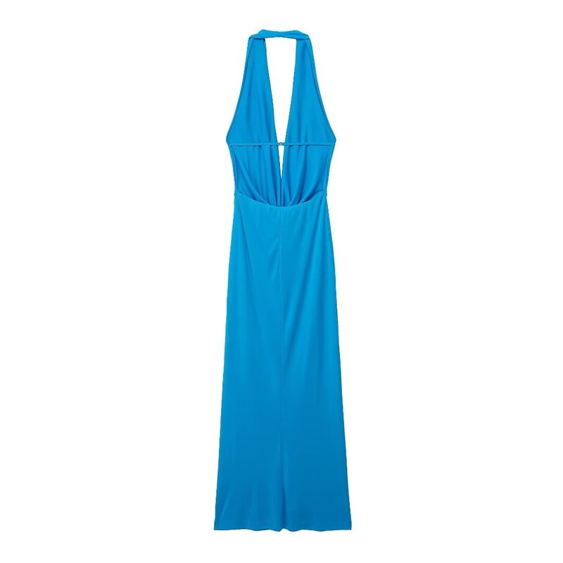 Женская одежда, новинка 2024, модное облегающее плиссированное платье средней длины с подвесным воротником, платье без рукавов с открытой спиной в стиле ретро, женское платье