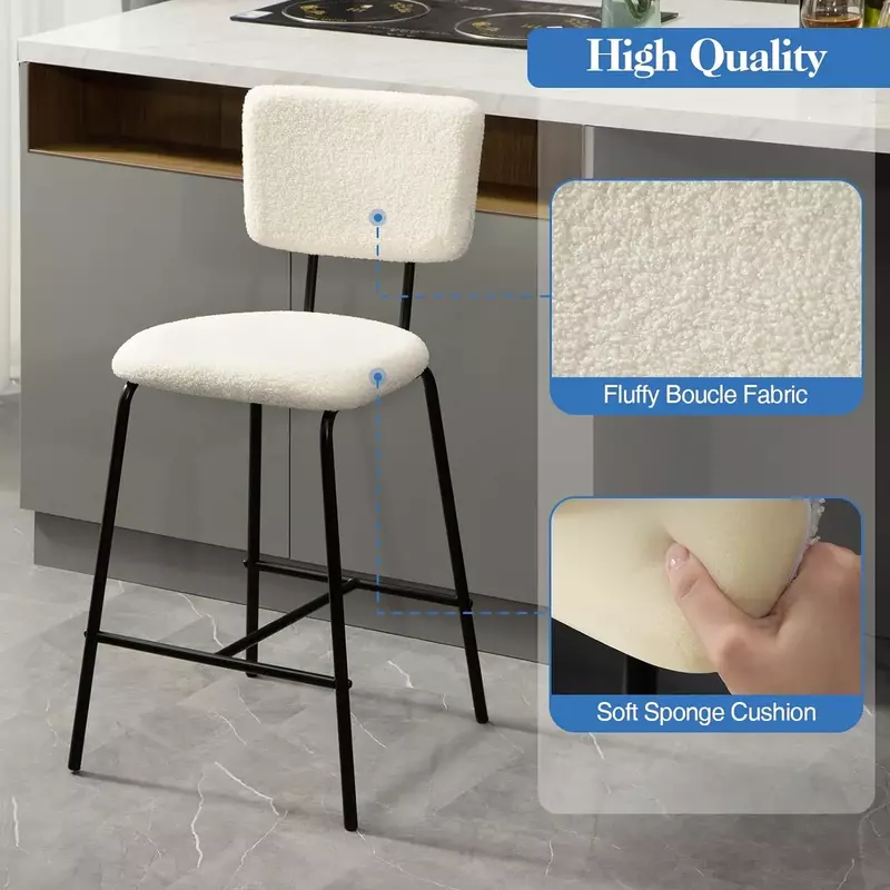 Set of 2 Counter Height Bar Stools : Modern White Upholstered Boucle Fabric Bar Stool for Kitchen Bistro Pub Armless