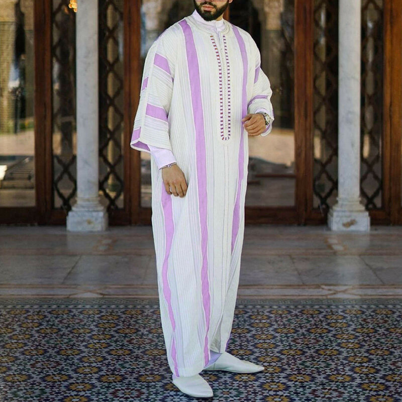 Muslim Mens Long Sleeve Jubba Thobe Fashion Casual Embroidered Muslim Pullover Robe Middle East Saudi Arabia Islamic Abaya Dress