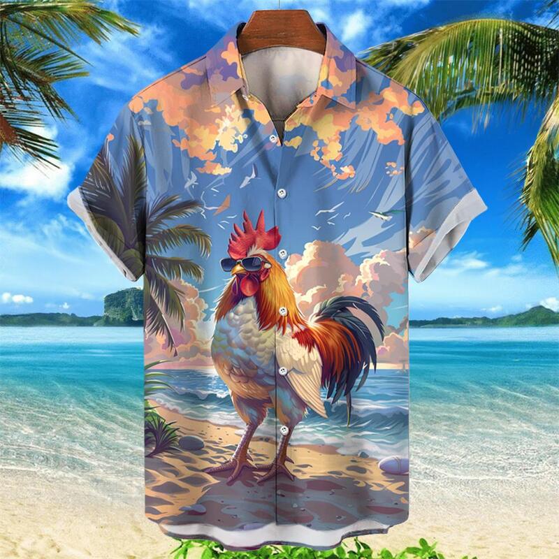 قميص رجالي بأكمام قصيرة ، قمصان هاواي للشاطئ ، رسومات دجاج ، مطبوعات ثلاثية الأبعاد ، أسلوب هاواي ، أزياء الصيف ، قميص ألوها ،