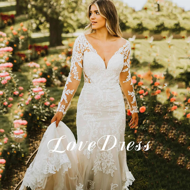#LD79 LoveDress V-Neck Wedding Dress Long Sleeve Lace Appliques Sexy Mermaid Bride Gown Illusion Backless Train Vestido De Novia