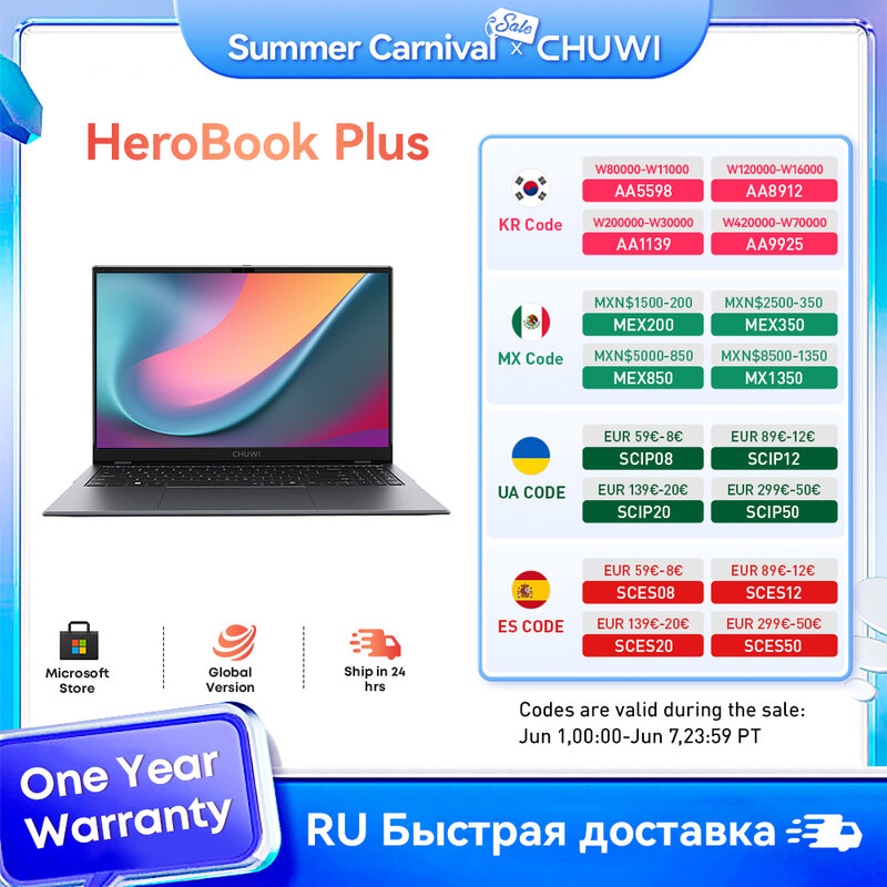 Ноутбук CHUWI HeroBook Plus, 15,6 дюйма, 256 ГБ SSD 8 ГБ ОЗУ, Windows 11 ноутбук, 1 ТБ SSD расширяющийся, Intel Celeron N4020, 2K FHD IPS дисплей