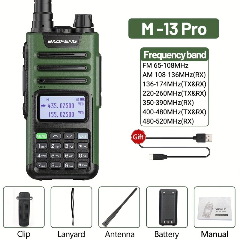 BaoFeng M-13 Pro Walkie Talkie Air Band Wireless Copy Frequency Type-C USB Charger Long Range Transceiver Upgrade Ham Radio