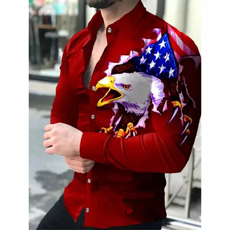 Camisa de manga larga con estampado 3D de águila para hombre, cárdigan informal Hawaiano con cuello de solapa y botones, a la moda, para fiesta, novedad, s-6XL