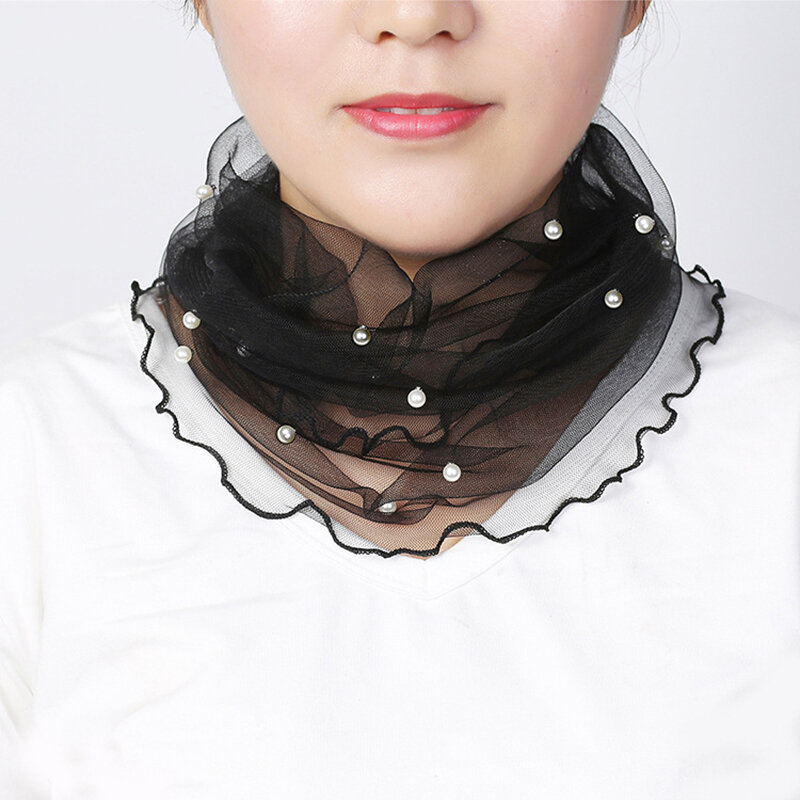 Syal wanita transparan, aksesori pakaian wanita kerah leher syal lingkaran sifon tipis kalung jaring mutiara palsu