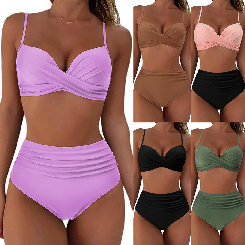 Frauen Bikini Sommer Stil Bikini Set für Frauen einfarbig Push-up-BH und hoch taillierte Höschen Bade bekleidung
