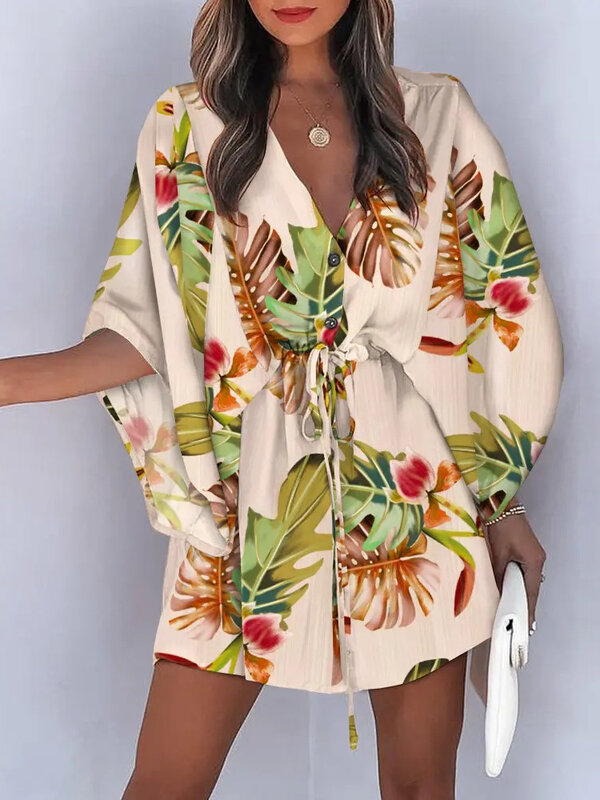 Gaun pantai leher V, pakaian pantai longgar bertali untuk wanita 2024 pantai liburan musim panas
