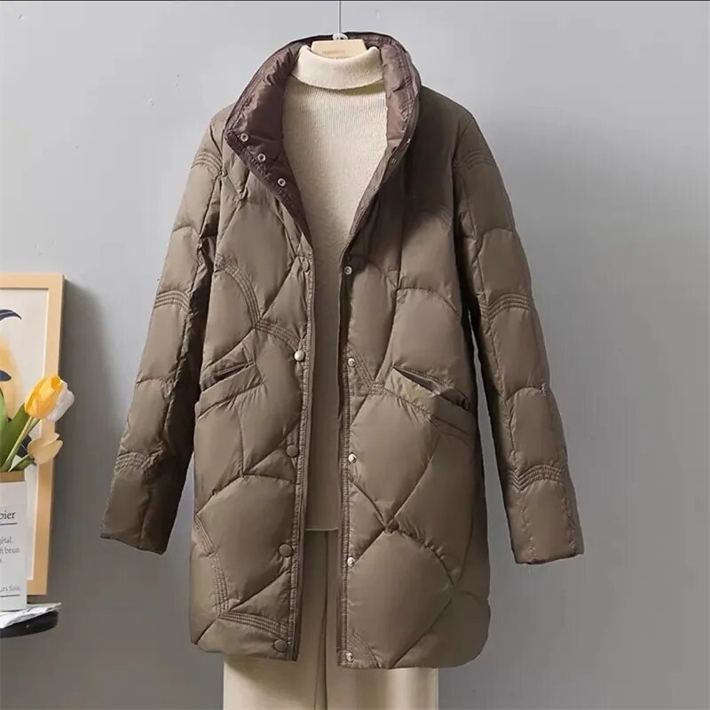 2023 nowa jesienna lampki zimowe cienka kurtka damska długa bawełniany płaszcz damski stójka luźna ciepła odzież wierzchnia damska