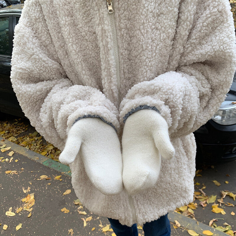 Женские зимние теплые плюшевые перчатки, эластичные мягкие варежки с пальцами, вязаные модные перчатки для девочек с имитацией кроличьего меха, 1 пара