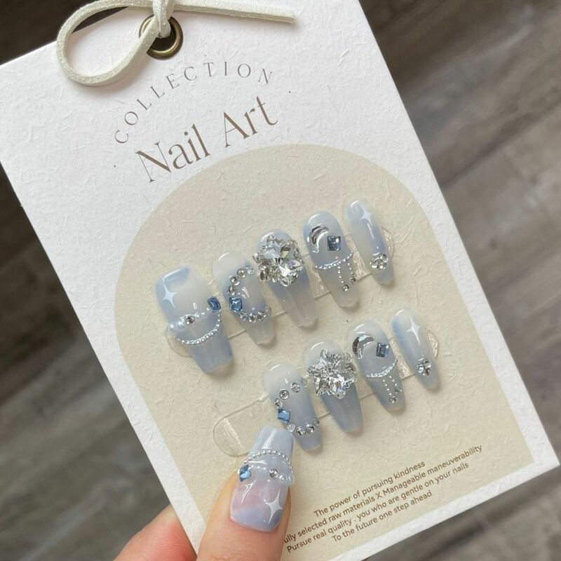 10Pcs Press on Nails Pure Snow Diamond Handmade Fake Nails XS S M L Full Cover Crystal Haze Blue False Nail with Tool Box