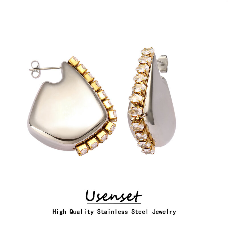 USENSET 2024 Polished Shiny CZ Inlaid Stainless Steel Earrings Fashion Women's Hollow Ear Jewelry Anti Allergic