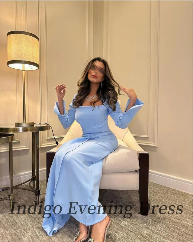 Indigo-Vestidos de Noche de satén suave para mujer, vestido de fiesta elegante y sencillo hasta el tobillo, color azul claro, Arabia Saudita, 2024