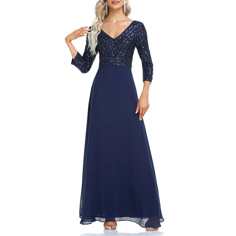 Осеннее платье для гостей свадьбы для женщин с длинным рукавом и V-образным вырезом блестящее синее платье с блестками платье в пол трапециевидные Платья для подружек невесты