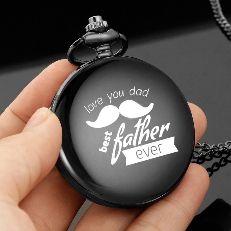 ساعة جيب كوارتز سوداء مع وجه حروف أبجدية إنجليزية ، أفضل تصميم للأب على الإطلاق ، نحت سلسلة حزام ، هدية عيد الأب