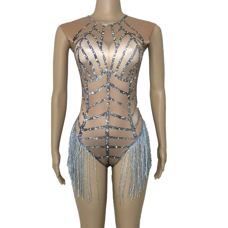Sexy Sleeveless Crystal Tassel Bodycon Jumpsuit Dance Stage Performance Costumes Lady Birthday Party Bodysuit Festival Clothing