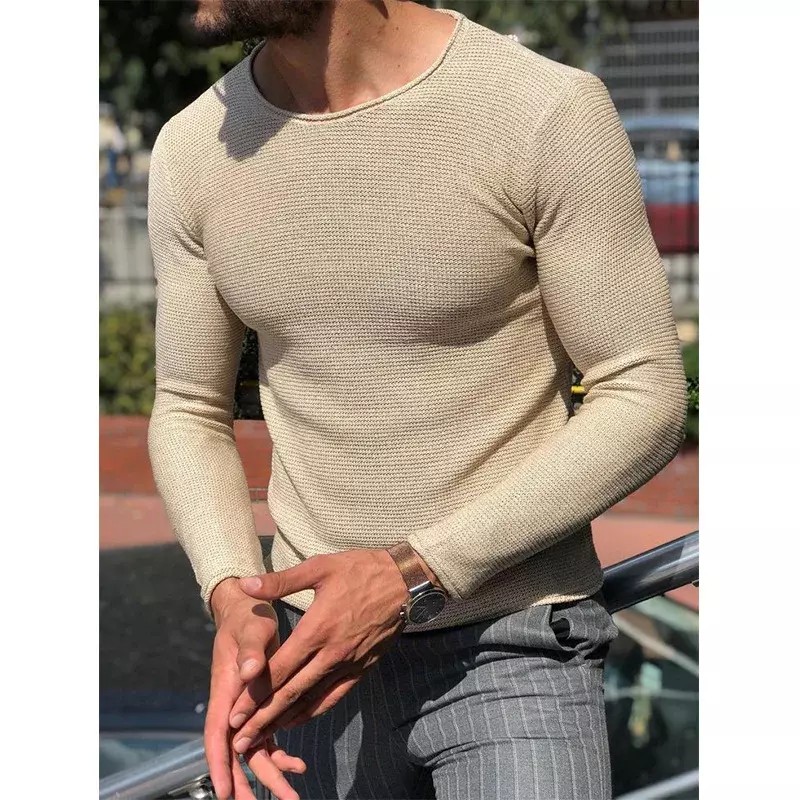 Mens Casual O-Neck Solid Sweater Spring Fashion Knitted Pullover Tops for Men 2023 New Long Sleeve Shirt Streetwear