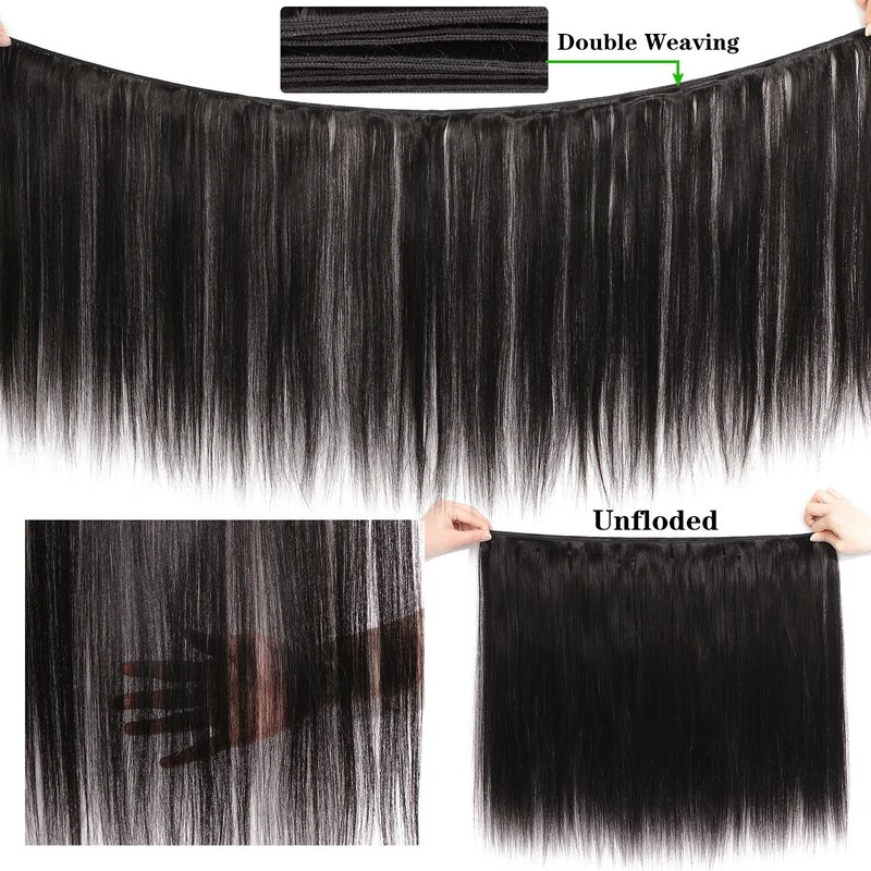 Bundel lurus rambut manusia dengan penutup bundel 3/4 jalinan rambut Brasil dengan ekstensi rambut HD renda 5x5 untuk wanita