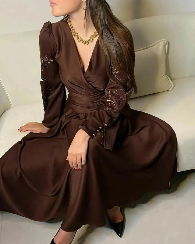 A-Line V-Neck Prom Dress, Vestido bordado Quinceanera, Vestido de ocasião personalizado, Vestidos Midi, Vestido Arábia Saudita