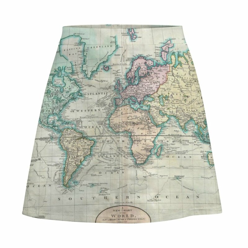 Rok Peta Antik Rok Mini Modern Gambar Cetak 1801 Dunia Wanita Rok A-line Kasual Ukuran Besar Pola Pinggang Tinggi Pakaian Jalan