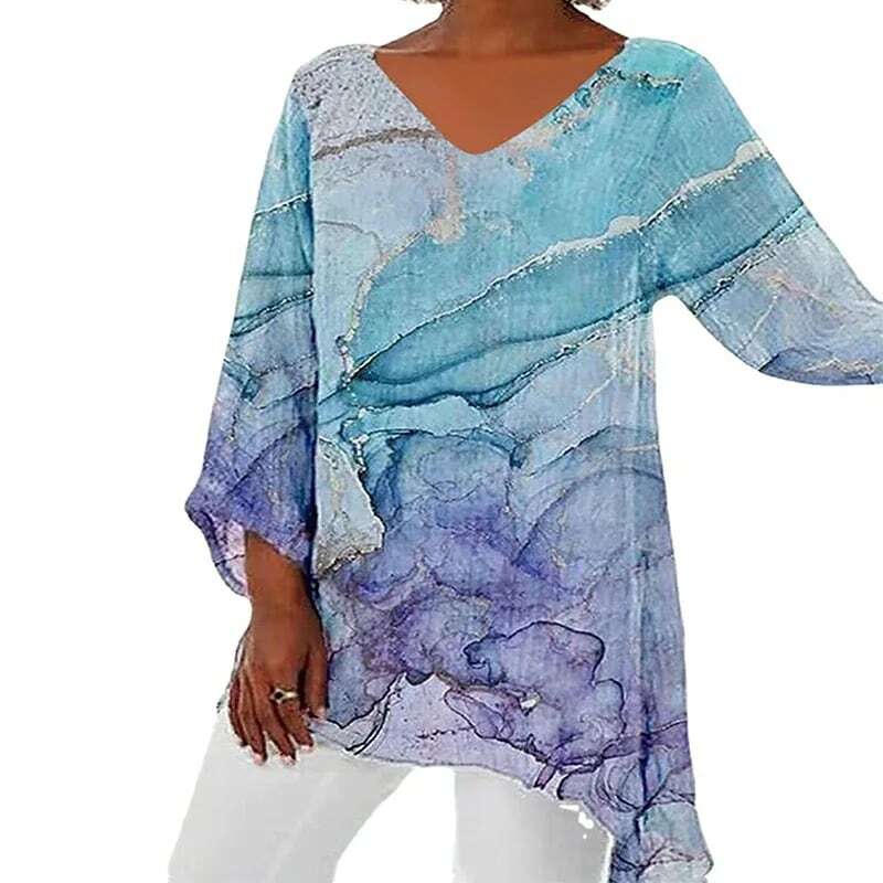 European and American women's 2024 spring new T-shirt casual loose irregular printed long sleeved V-neck top women YBF24-3