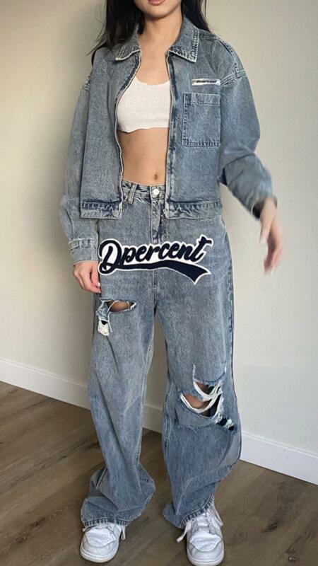 High Street Dames Gat Letter Jeans Retro Stijl Blauw Distressed Hoge Taille Rechte Broek Koreaanse Casual Mode Broek