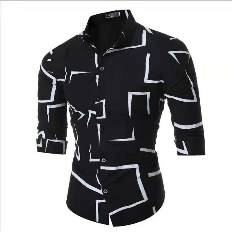 Camisa masculina casual de manga comprida outono moda geometria imprimir fino lapela camisa de festa masculina vestido de streetwear roupas masculinas